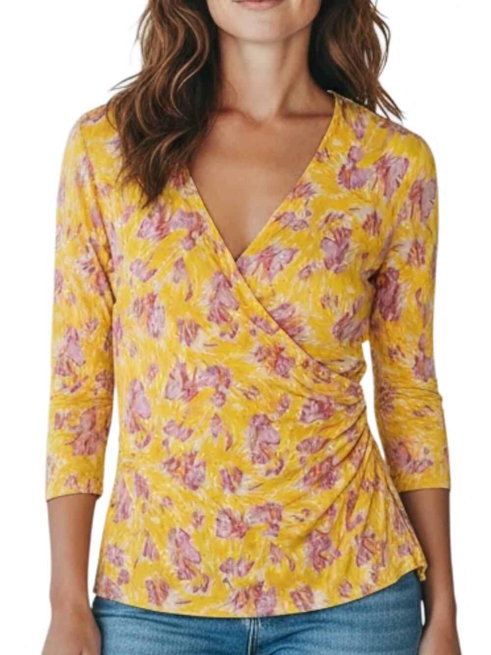 DVF Diane Von Furstenberg Yellow Floral Silk Ruched Top V Neck Jersey Blouse M